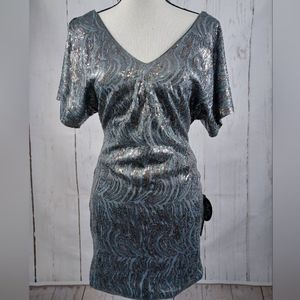 NWT Sequin Metallic Gray Silver Dress Mini Sequin V-neck Formal Party